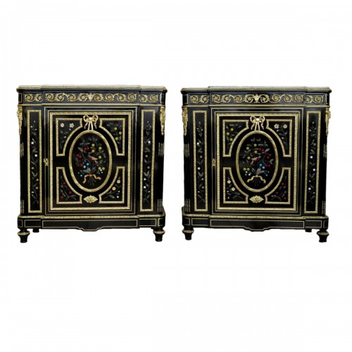  Pair of Cabinets with Pietra Dura marquetry 19th Napoléon III period 19th