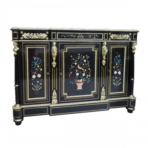 Credenza Cabinet 3 doors with Pietra Dura marquetry 19th Napoléon III