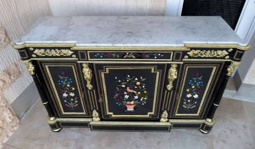 Credenza Cabinet 3 doors with Pietra Dura marquetry 19th Napoléon III - Furniture Style Napoléon III