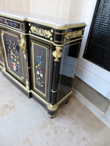 Antiquités - Credenza Cabinet 3 doors with Pietra Dura marquetry 19th Napoléon III
