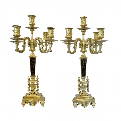 Paire de candélabres en bronze et marqueterie Boulle époque Napoléon III