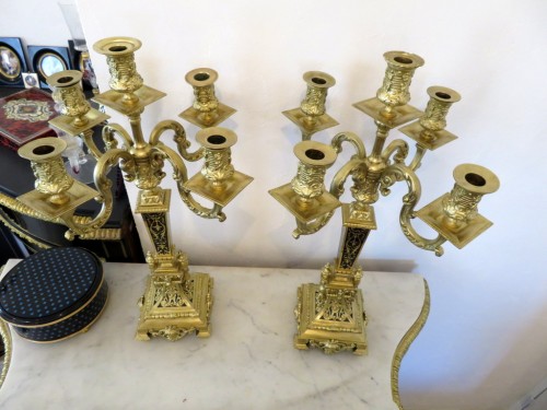 Luminaires Bougeoirs et Chandeliers - Paire de candélabres en bronze et marqueterie Boulle époque Napoléon III