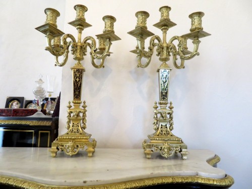 XIXe siècle - Paire de candélabres en bronze et marqueterie Boulle époque Napoléon III