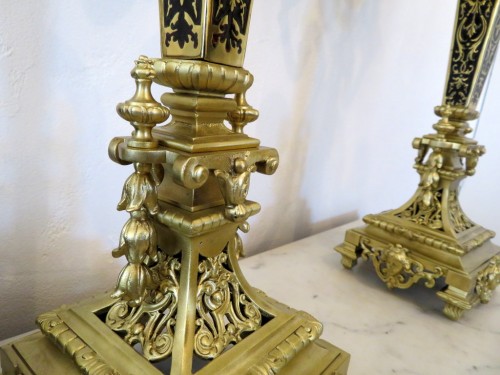 Antiquités - Paire de candélabres en bronze et marqueterie Boulle époque Napoléon III