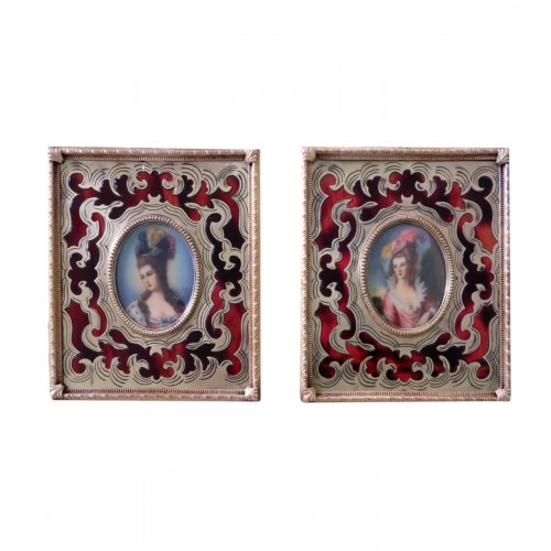 Paire de Miniatures avec Cadre en marqueterie Boulle d'époque Napoléon III