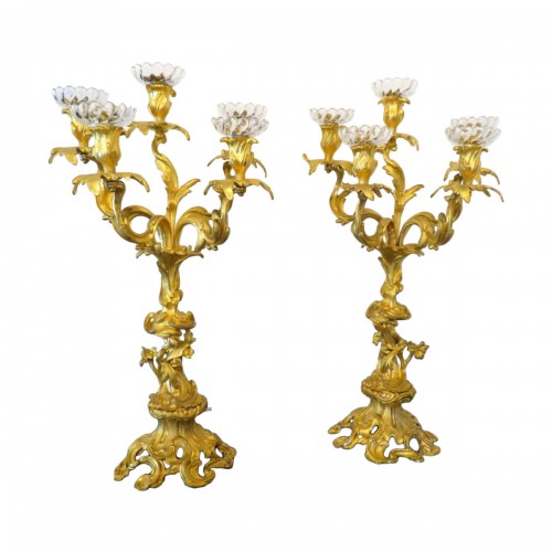 Paire de candélabres rocaille en bronze époque Napoléon III 63 cm