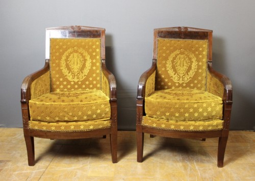 Sièges Fauteuil & Bergère - Paire de bergères Empire en acajou et placage