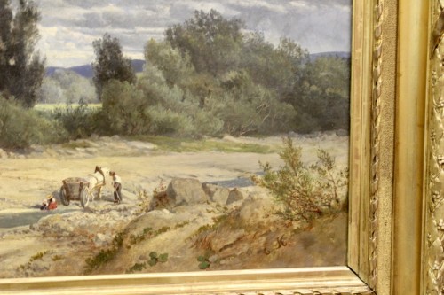 Paysage animé à au bord de la rivière,  XIXe siècle - Antiquités Christophe Rochet
