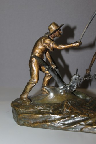 Sculpture Sculpture en Bronze - Le laboureur et ses boeufs -  Edouard Drouot vers 1900