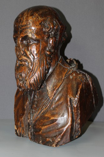 Buste en bois sculpté de Michel de L'Hospital fin XVIe siècle - Art sacré, objets religieux Style Renaissance