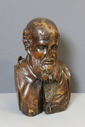 Antiquités - Buste en bois sculpté de Michel de L'Hospital fin XVIe siècle