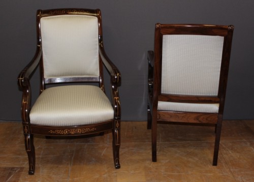 Paire de fauteuils Charles X en palissandre et marqueterie d'érable - Sièges Style Restauration - Charles X