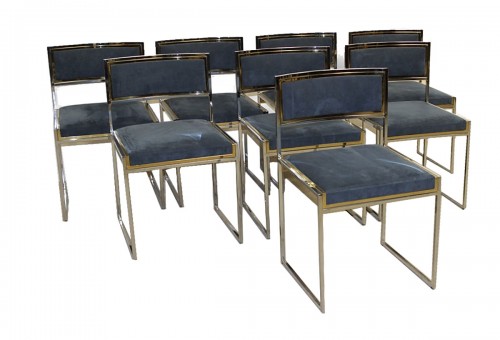 Suite de huit chaises en acier chromé et laiton par Roméo Rega vers 1970
