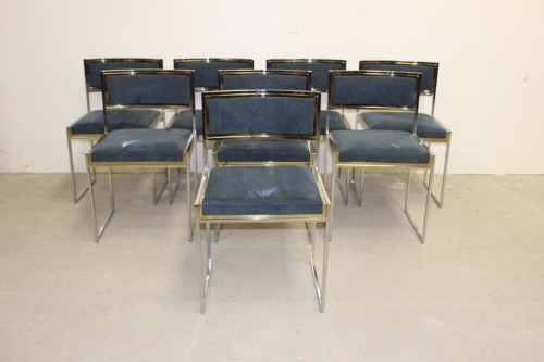 Suite de huit chaises en acier chromé et laiton par Roméo Rega vers 1970 - Antiquités Christophe Rochet