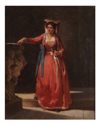 French school circa 1850 - Young roman woman in a church