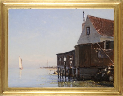Christian Mølsted (1862-1930) Vue du port de Dragør au Danemark - Tableaux et dessins Style Napoléon III