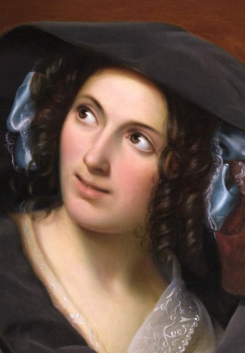 Tableaux et dessins Tableaux XIXe siècle - Adèle Kindt (1799-1893) Portrait de jeune femme au bouquet de roses