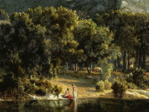 Tableaux et dessins Tableaux XIXe siècle - Félix-Hippolyte Lanoüe (1812-1872) Paysage d'Italie aux baigneuses
