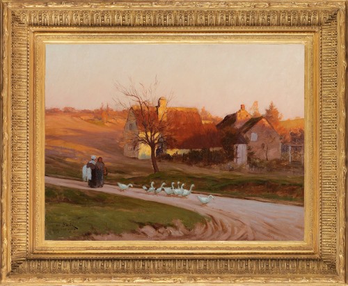 Henri Saintin (1846-1899) Coucher de soleil à Cernay la Ville ou Le retour des oies