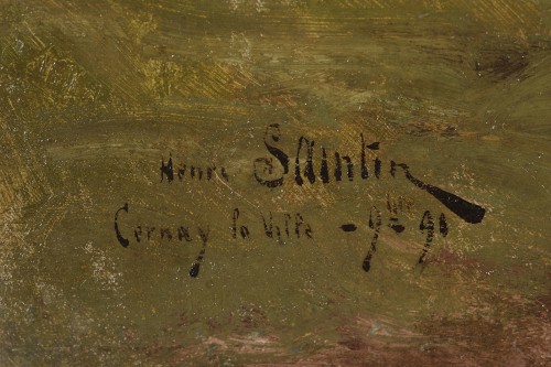 XIXe siècle - Henri Saintin (1846-1899) Coucher de soleil à Cernay la Ville ou Le retour des oies