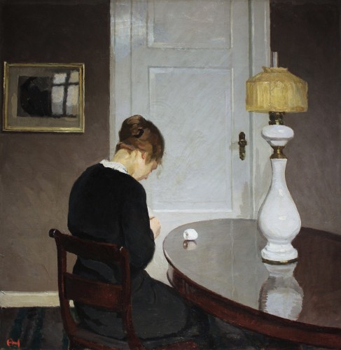 Edward Olund-Hansen (1887-1979) Femme à la couture dans un intérieur danois
