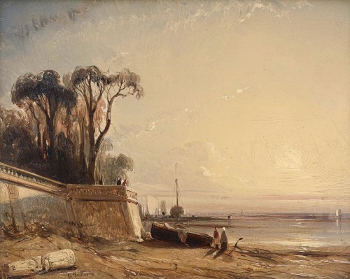 Eugène Le Poittevin (1806-1870) Coucher de soleil en bord de mer - Tableaux et dessins Style Louis-Philippe