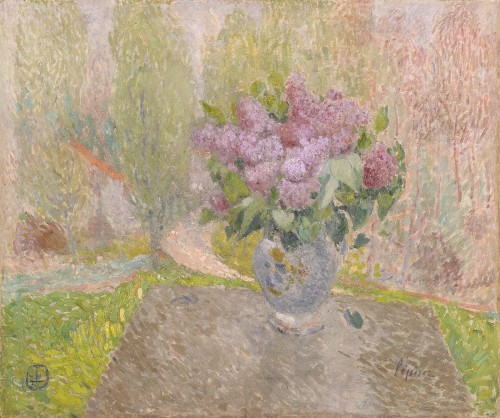 Joseph Lépine (1867-1943) Vase de Lilas dans un paysage de Provence