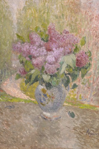 Joseph Lépine (1867-1943) Vase de Lilas dans un paysage de Provence - Tableaux et dessins Style Art Déco