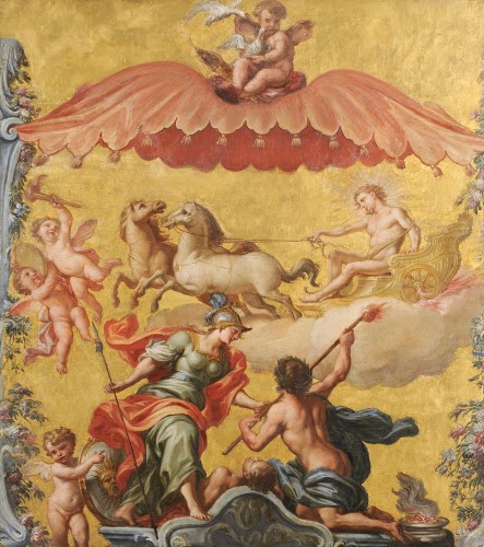 Panneau de carrosse doré XVIIIe - Apollon sur son char et Minerve