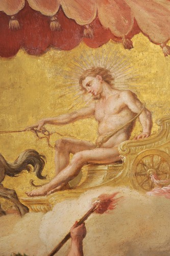 Panneau de carrosse doré XVIIIe - Apollon sur son char et Minerve - Objet de décoration Style Louis XIV