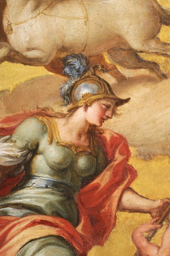 Panneau de carrosse doré XVIIIe - Apollon sur son char et Minerve - Galerie de Frise