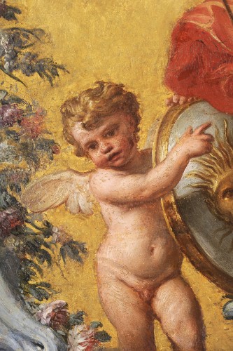 XVIIIe siècle - Panneau de carrosse doré XVIIIe - Apollon sur son char et Minerve