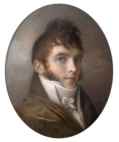 Ecole française vers 1805 - Portrait miniature de jeune homme aux yeux bleus