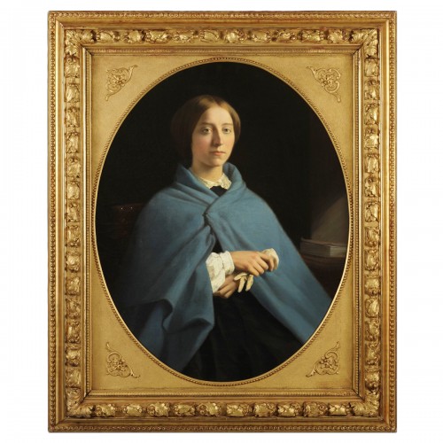 Ecole française vers 1870 - Portrait de jeune femme à la cape bleue