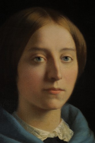Ecole française vers 1870 - Portrait de jeune femme à la cape bleue - Tableaux et dessins Style Napoléon III