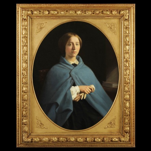XIXe siècle - Ecole française vers 1870 - Portrait de jeune femme à la cape bleue