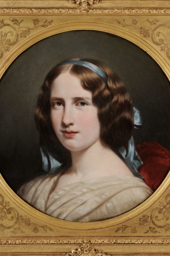 Henri Decaisne (1799-1852 - Portrait de jeune femme au ruban bleu - Tableaux et dessins Style Napoléon III