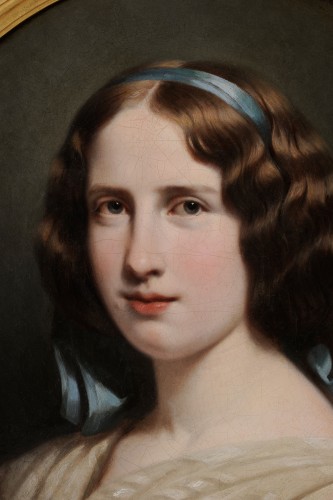 Tableaux et dessins Tableaux XIXe siècle - Henri Decaisne (1799-1852 - Portrait de jeune femme au ruban bleu