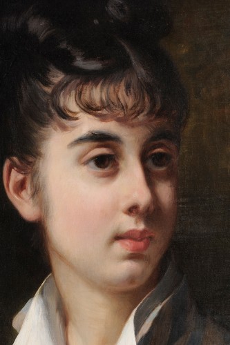 Tableaux et dessins Tableaux XIXe siècle - Charles Hermann-Léon (1838-1908) - Portrait de jeune femme au nœud blanc