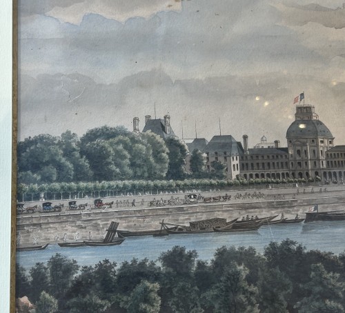 Les jardins des Tuileries et le Louvre, aquarelle époque Restauration - Tableaux et dessins Style Restauration - Charles X