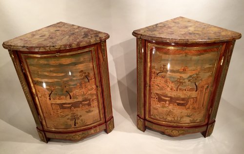 Pair of corner cupboards lake scenery and ancient ruins, Pierre Roussel