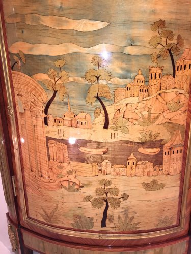 Paire d’encoignures aux paysages lacustres et ruines antiques, Pierre Roussel à Paris vers 1780. - Mobilier Style Louis XVI