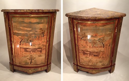 Mobilier Encoignure - Paire d’encoignures aux paysages lacustres et ruines antiques, Pierre Roussel à Paris vers 1780.