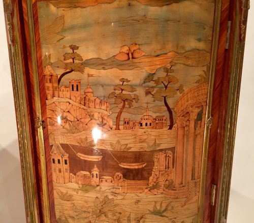 Paire d’encoignures aux paysages lacustres et ruines antiques, Pierre Roussel à Paris vers 1780. - Franck Baptiste Provence