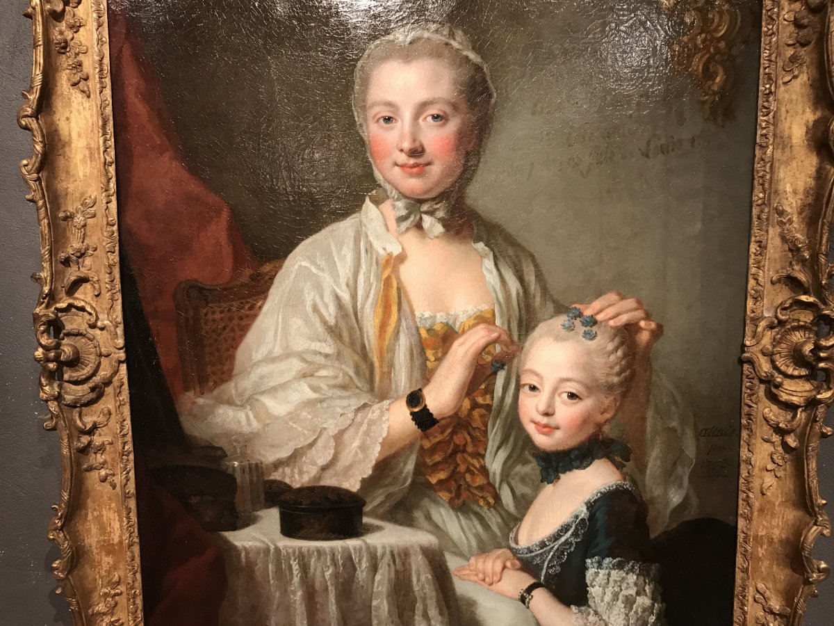 Mme de Pompadour ajustant la coiffe de sa fille, Pierre Allais 1753