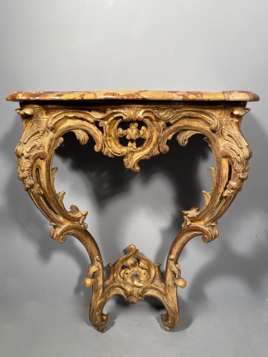 Furniture  - Rare pair of consoles in gilded oak, Paris Louis XV period  circa 1750