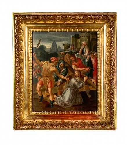 Le christ tombe sous le poids de sa croix, école flamande vers 1580