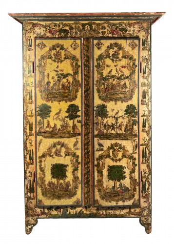Small wardrobe in &quot;Lacca Povera&quot; the four seasons, Uzès circa 1700