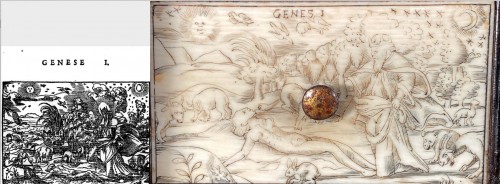  - Cabinet en ébène et ivoire gravé des scènes de la genèse, Italie du Nord XVIème