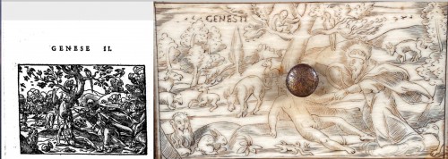 Antiquités - Cabinet en ébène et ivoire gravé des scènes de la genèse, Italie du Nord XVIème